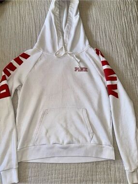 PINK Victoria's Secret White Hoodie with Red Sleeve Graphics